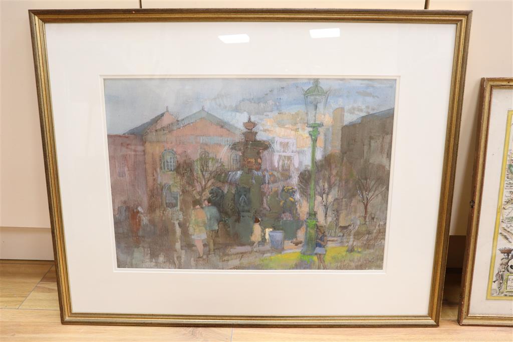 Frederick Wills (1901-1993), gouache, Figures in a town square, Hicks Gallery label verso, 37 x 52cm